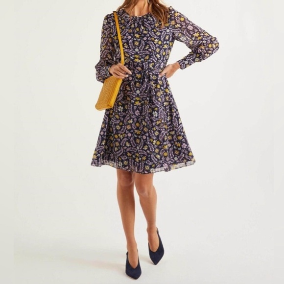 Boden Blossom Dress. Purple Navy Floral Sheer Long Sleeves. Size 16/18R. - Picture 2 of 12